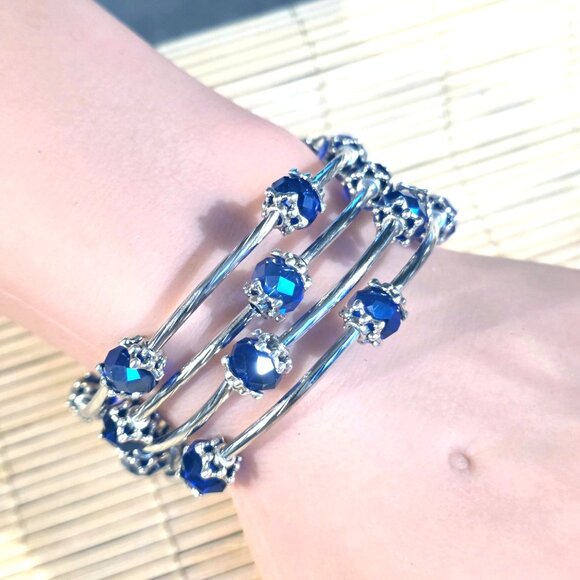 Handcrafted Crystal Wrap Bracelet With Blue Faceted Beads - Picture 6 of 7
